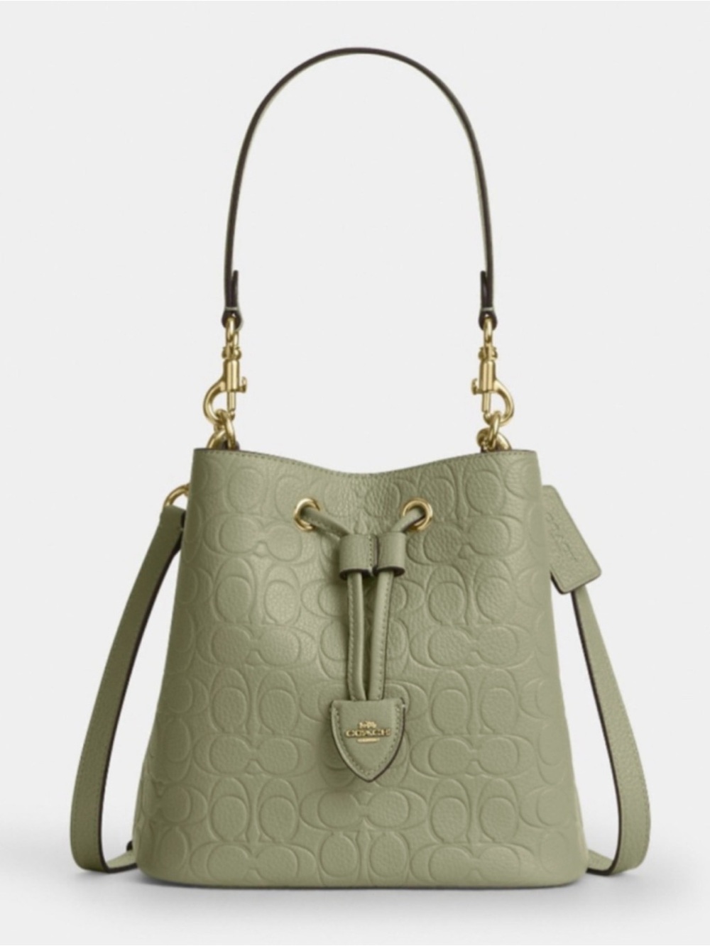 Coach Sage Green Embossed Pebbled Leather Drawstring Bucket Bag with Pouch - Picture 2 of 12
